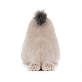 Jellycat plush soft toy rear view, beige body with fluffy dark grey pompom on head and small paws visible at base