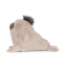 Jellycat plush walrus soft toy in sandy beige with grey fur tuft detail, side profile view, medium size