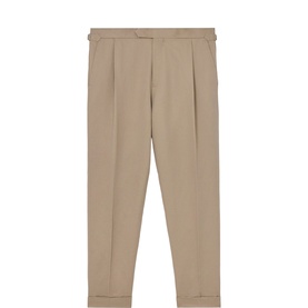 Reiss taupe grey tailored trousers with double pleat front, belt loops, and turn-up cuffs