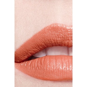 Close-up of lips wearing a warm terracotta-peach lipstick with a satin finish