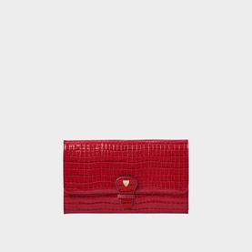 Aspinal of London Classic Travel Wallet in red croc-embossed leather with gold heart clasp closure