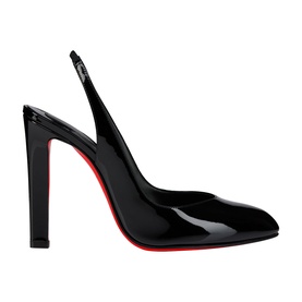 Christian Louboutin black patent leather slingback pump with block heel and signature red sole