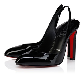 Christian Louboutin black patent leather slingback pointed-toe pumps with block heel and signature red sole