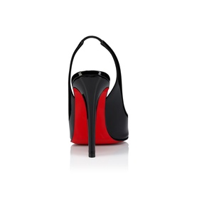 Christian Louboutin black leather slingback stiletto heel with signature red sole, rear view showing slender heel and ankle strap