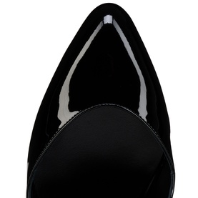 Christian Louboutin black patent leather pointed toe pump, close-up of toe box showing high-gloss finish