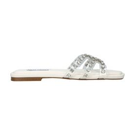 Steve Madden Loretto Flat Sandals in clear with crystal-embellished straps, flat sole and minimalist design, side view.