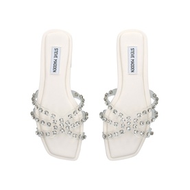 Steve Madden Loretto Flat Sandals in clear with crystal embellishments, dual straps, and white square-toe sole, top-down view.
