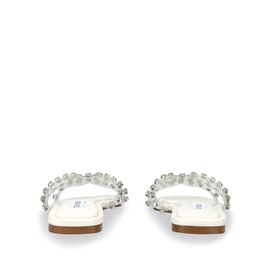 Steve Madden Loretto Flat Sandals in multi, rear view showing crystal-embellished synthetic straps and tan flat sole