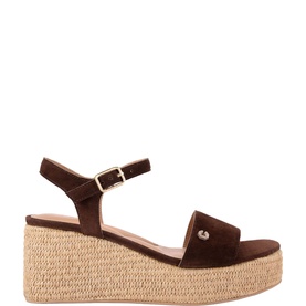 Carvela Portofino Wedge Heels in brown suede with ankle buckle strap, gold stud detail, and natural woven espadrille wedge sole
