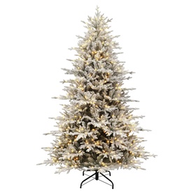Puleo Pre-lit Flocked Arcadia Artificial Christmas Tree 7.5ft, green with white snow effect, warm white twinkling LED lights, metal stand