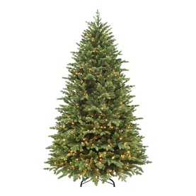 Puleo Pre-lit Belmont Green Artificial Christmas Tree 7.5ft, green with warm white LED lights, full layered branches, metal stand