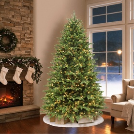 Puleo Pre-lit Belmont Green Artificial Christmas Tree 7.5ft with warm white LED lights, styled in a living room with fireplace and stockings