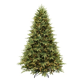 Puleo Pre-lit Grand Parque Artificial Christmas Tree 7.5ft in green with 1350 warm white twinkling LED lights and metal stand.