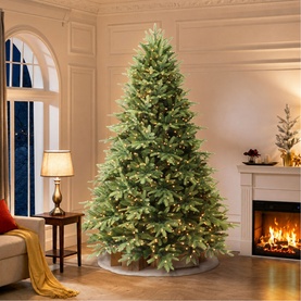 Puleo Pre-lit Grand Parque Artificial Christmas Tree 7.5ft in green with 1350 warm white twinkling LED lights, styled in a cosy living room with