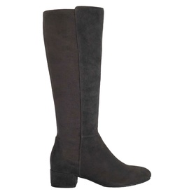 Dune Tayla Stretch Knee-High Boots in grey suede, almond toe, block heel, knee-high silhouette with stretch panel
