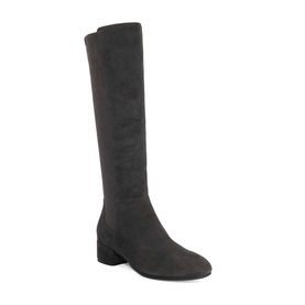 Dune Tayla Stretch Knee-High Boots in grey suede, almond toe, block heel, knee-high shaft