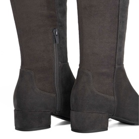 Dune Tayla Stretch Knee-High Boots in grey suede, block heel and inner zip fastening, close-up rear view