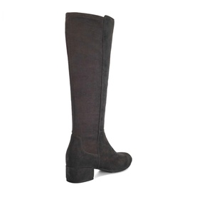 Dune Tayla Stretch Knee-High Boots in grey suede, almond toe, block heel, elasticated back panel, zip fastening