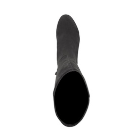 Dune Tayla Stretch Knee-High Boots in grey suede, top-down view showing almond toe and open shaft