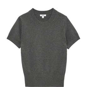 Reiss grey short-sleeve crew-neck knitted top with ribbed trim, flat lay