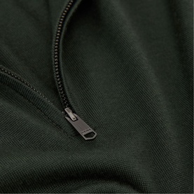 Reiss dark green sweatshirt, close-up of gunmetal zip-pull detail at half-zip collar
