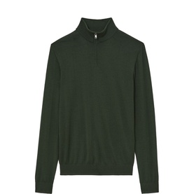 Reiss dark green merino half-zip jumper with ribbed cuffs, hem and funnel neck collar