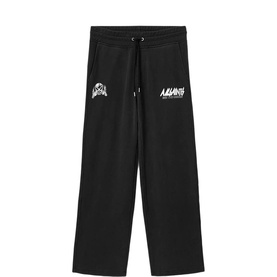 All Saints Washed Black wide-leg joggers with drawstring waist and contrast logo print, laid flat