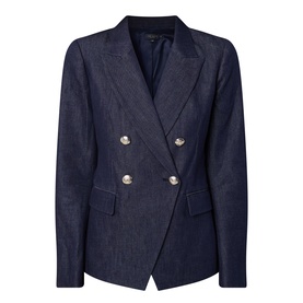 Ted Baker Eliviab Double-Breasted Blazer in dark blue denim with silver buttons, flap pockets, and straight hem.