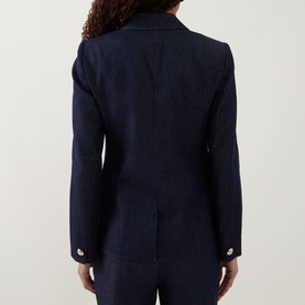 Model wearing Ted Baker Eliviab Double-Breasted Blazer in dark blue, rear view showing vent, buttoned cuffs and straight hem.