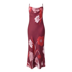 Ted Baker Indora Floral Slip Dress in dark red, satin finish maxi with cowl neck, adjustable straps, tonal floral print and flared hem