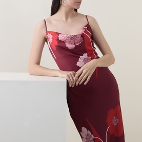 Model wearing Ted Baker Indora Floral Slip Dress in dark red satin with cowl neck, adjustable straps, and tonal floral print