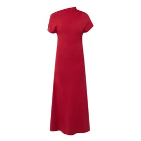 Ted Baker Maevely Asymmetric Flared Dress in red, asymmetric neckline, short ruched sleeves, fitted waist, maxi flared skirt