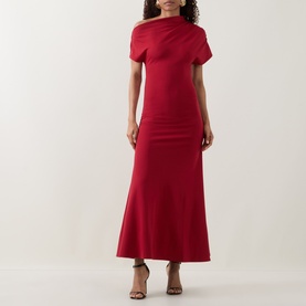 Model wearing Ted Baker Maevely Asymmetric Flared Dress in red, with asymmetric neckline and flared maxi skirt, styled with black heeled sandals