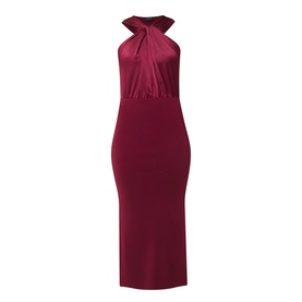 Ted Baker Mellana Twist-Detail Dress in Burnt Red, halterneck with satin twist bodice, sleeveless midi length, fitted skirt