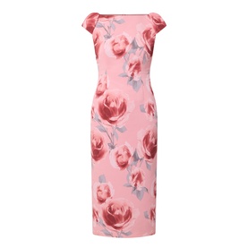Ted Baker Odeta Floral Fitted Dress in coral, boat neckline, cap sleeves, rose floral print, fitted midi length, no model.