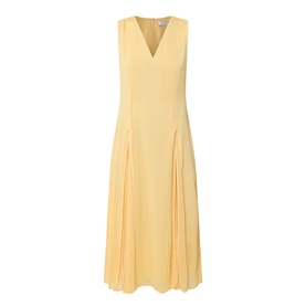 Ted Baker Rueva Flared Dress in yellow, sleeveless V-neckline, front pleats, flared midi skirt with semi-sheer overlay