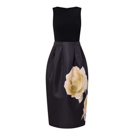 Ted Baker Verinie Placement Floral Dress in black, sleeveless midi with boat neckline, fitted waist, and large floral print satin skirt.