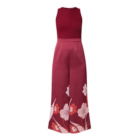 Ted Baker Izeny Placement Floral Jumpsuit in dark red, sleeveless with fitted waist, wide-leg satin trousers with floral hem print