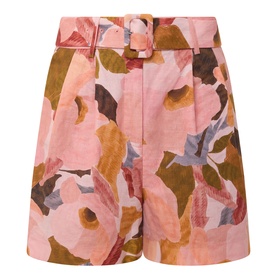 Ted Baker Noysa Floral Print Shorts in coral, large-scale floral print, high waist with matching buckle belt and front pleats