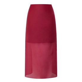 Ted Baker Deka Semi-Sheer Layered Skirt in dark red, midi length with semi-sheer overlay, high-rise waist and straight hem