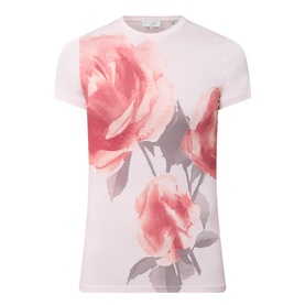 Ted Baker Bindii Placement Floral T-Shirt in coral, crew neck, short sleeves, large rose print on white fabric