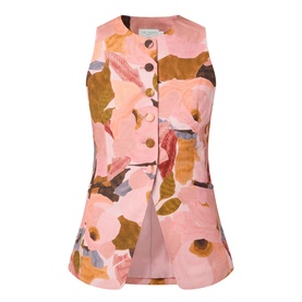 Ted Baker Narlla Floral Print Waistcoat in coral, sleeveless with front button fastening, fitted waist, curved hem and abstract floral print