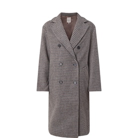 Masai chocolate houndstooth double-breasted wool blend coat with notch lapels and front button fastening