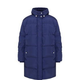 Masai navy quilted longline puffer coat with high collar, snap-button pockets, and padded panels