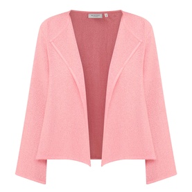 Pink open-front knit blazer jacket with wide sleeves, notched lapel, and relaxed silhouette