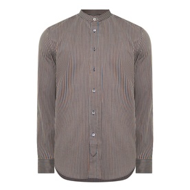 Paul Smith blue stripe casual shirt with grandad collar, button-front placket, and curved hem, in cotton-silk blend