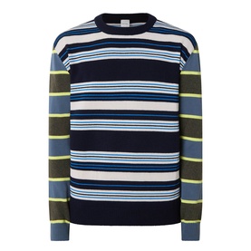 Paul Smith blue lambswool cotton crew neck jumper with multicolour horizontal stripes in yellow, white and navy