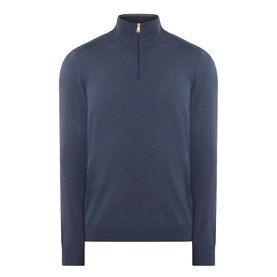 Paul Smith Half-Zip Regular-Fit Sweater in mid blue, fine knit with funnel neck, gold-tone half-zip fastening and long sleeves