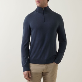 Model wearing Paul Smith Half-Zip Regular-Fit Sweater in mid blue, fine knit with funnel neck and half zip. Styled with stone chinos.