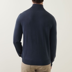 Model wearing Paul Smith Half-Zip Regular-Fit Sweater in mid blue fine knit, back view, styled with stone chinos.